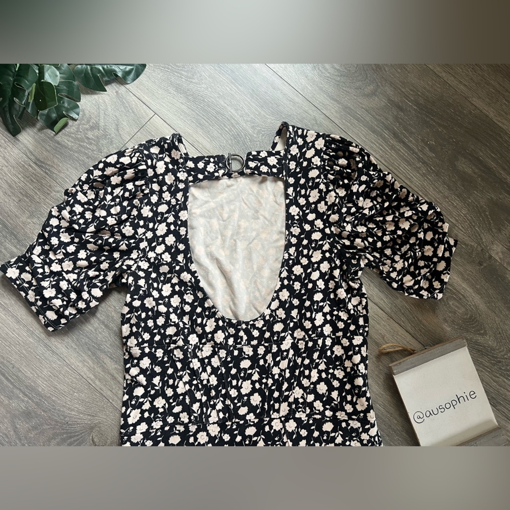 Free People Rosie Stretch Knit Floral Puff Sleeve Cutout Midi Dress. Size M - Picture 10 of 15